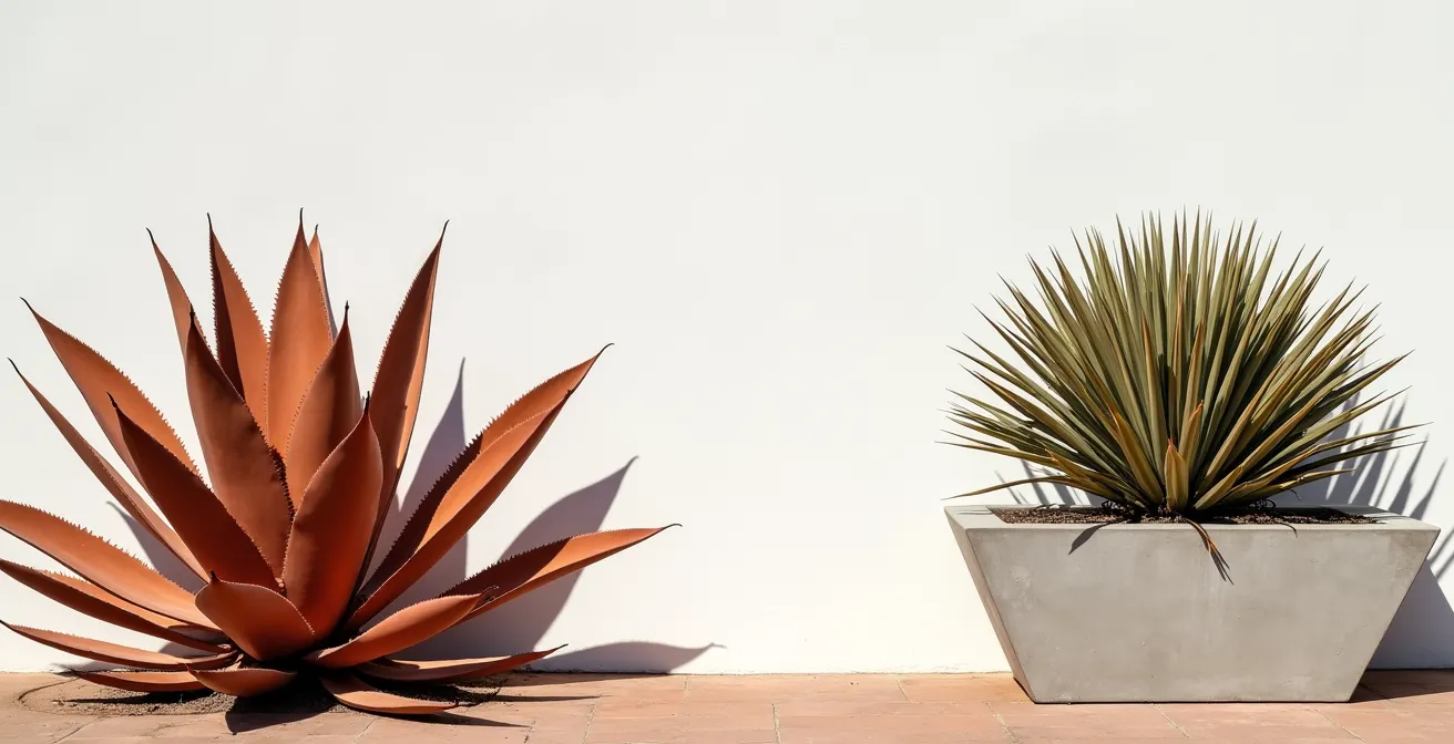 Comparación visual entre agave americano y phormium tenax como elementos esculturales en jardín moderno español
