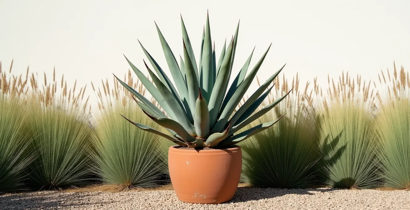 Agave solitario como punto focal rodeado de un mar ondulante de gramíneas finas en jardín minimalista español