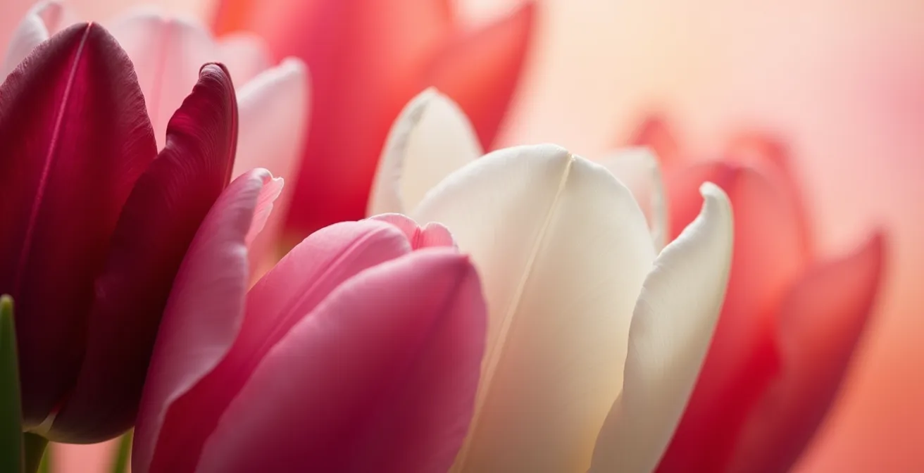 Arreglo floral minimalista con tulipanes agrupados por bloques de color