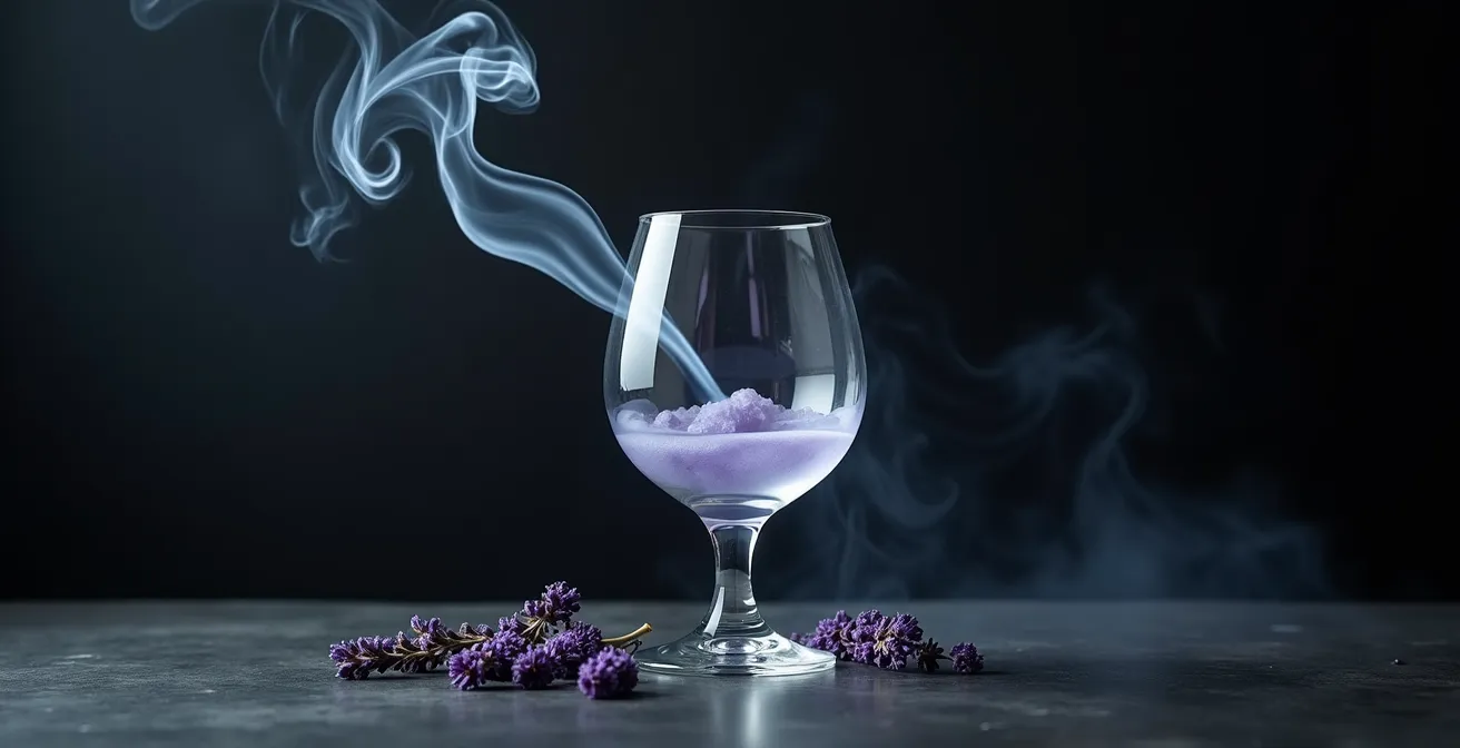 Humo de lavanda seca envolviendo una copa de gin-tonic