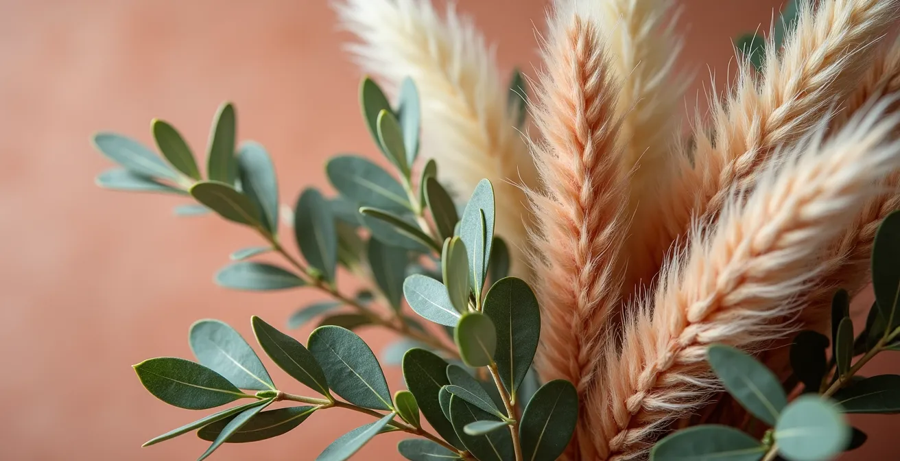 Composición boho-chic con pampas, eucalipto y ramas de olivo en jarrón de terracota