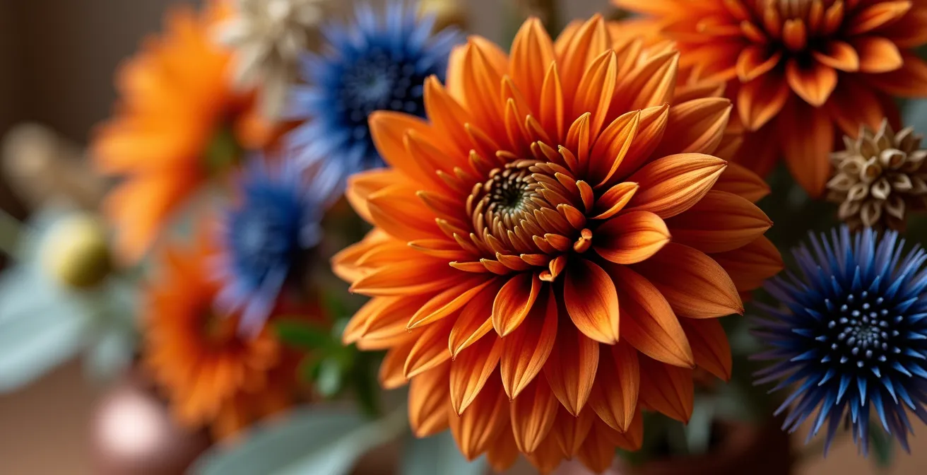 Arreglo floral otoñal con tonos naranja terracota y azul marino mediterráneo
