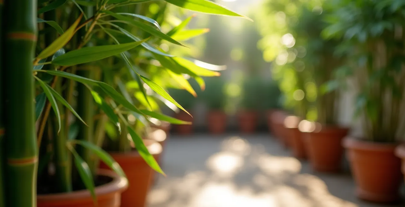 Bambú Fargesia en jardineras creando pantalla verde de privacidad en terraza urbana española