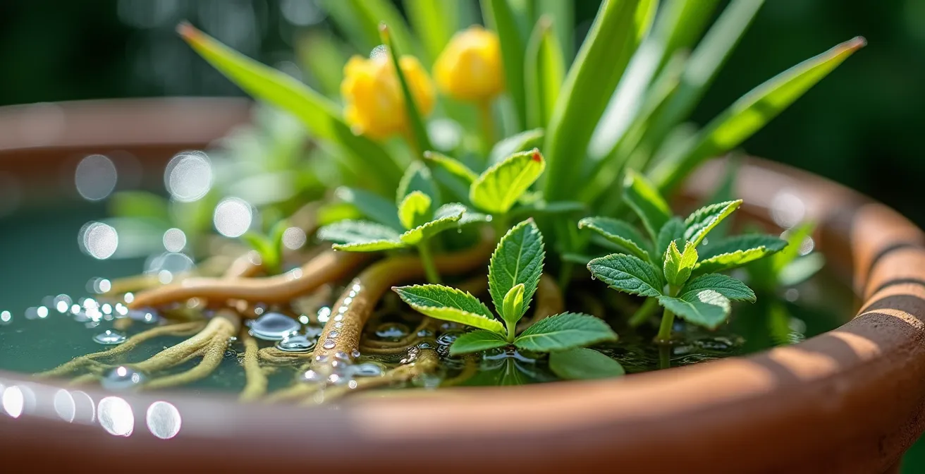 Sistema de biofiltración con lirios amarillos y menta de agua en fuente de jardín español