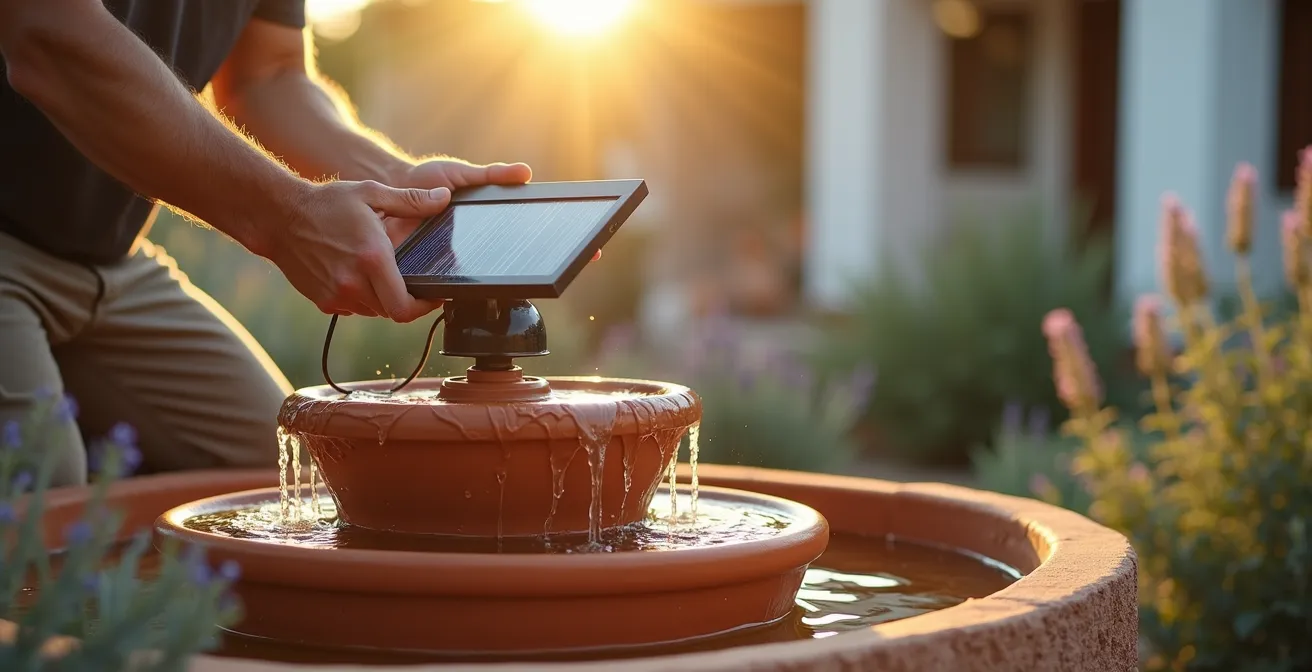 Sistema de bomba solar con panel fotovoltaico integrado en fuente de jardín mediterráneo