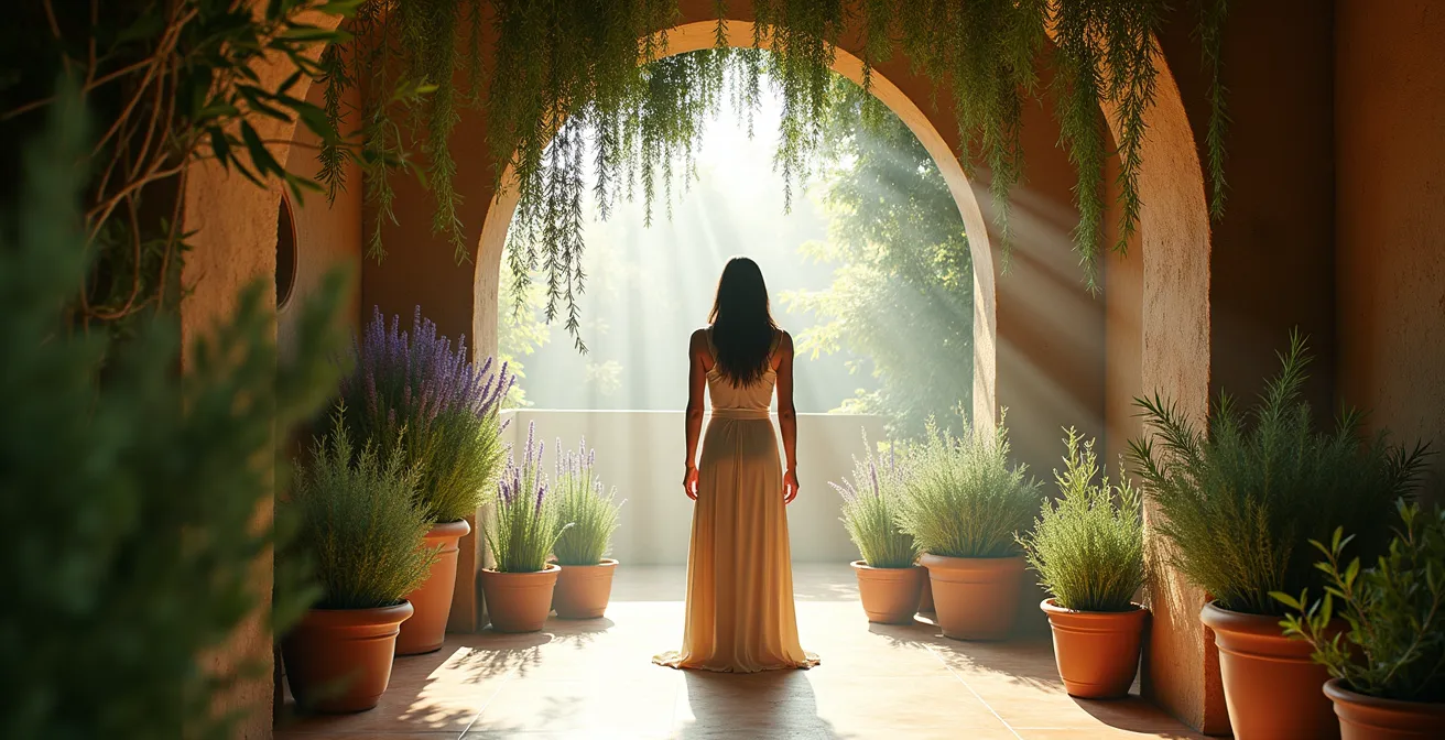 Instalación floral inmersiva recreando un bosque mediterráneo con lavanda, romero y gramíneas