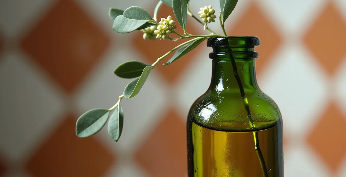 Botella de aceite de oliva reutilizada como jarrón con una rama de olivo y flores blancas, creando un ambiente mediterráneo y moderno.