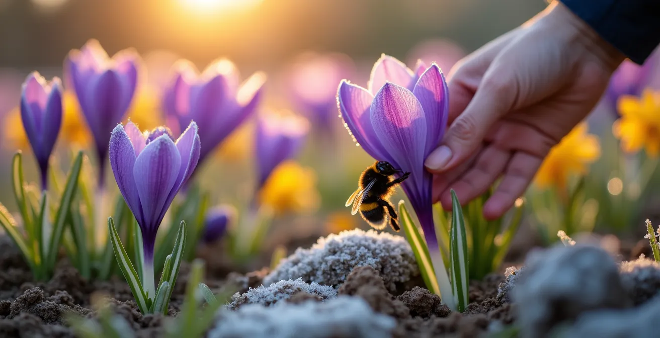 Pradera de bulbos silvestres ibéricos en floración con abejorros recolectando néctar al amanecer de febrero