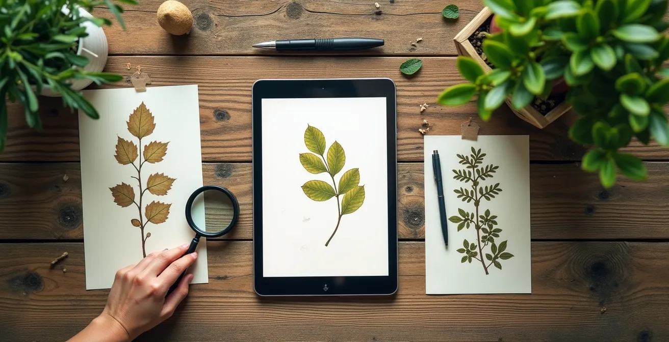 Vista cenital de mesa de jardinero con tablet mostrando símbolos botánicos y plantas identificadas
