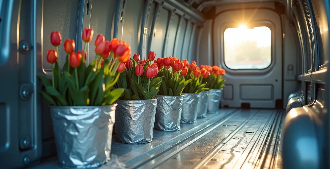 Interior de furgoneta con sistema de refrigeración improvisado para flores