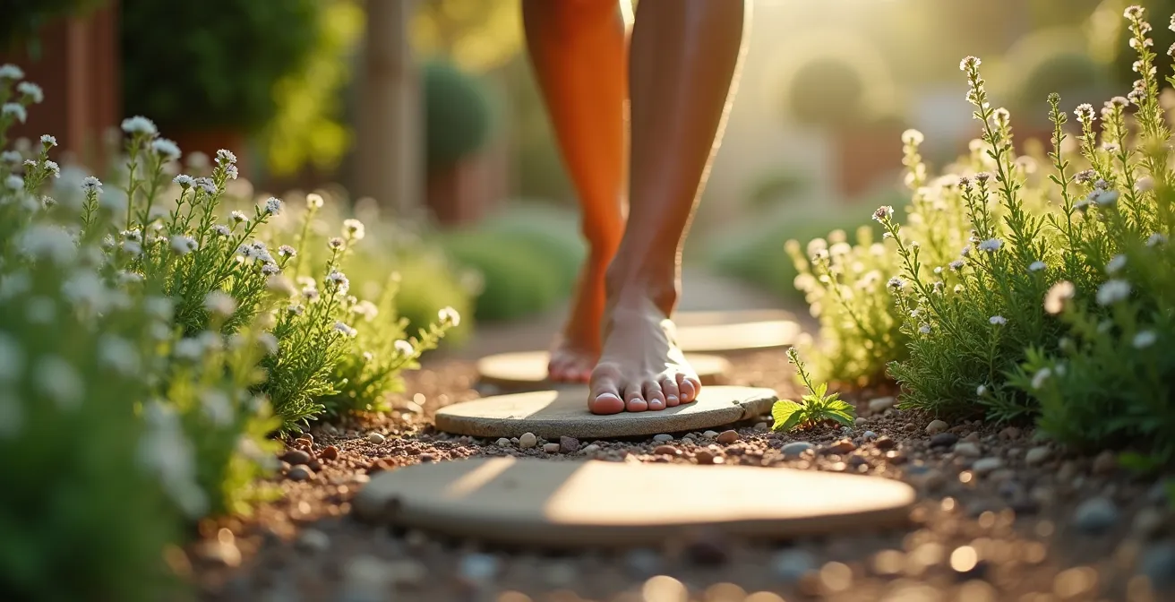Sendero de jardín con plantas aromáticas rastreras mediterráneas