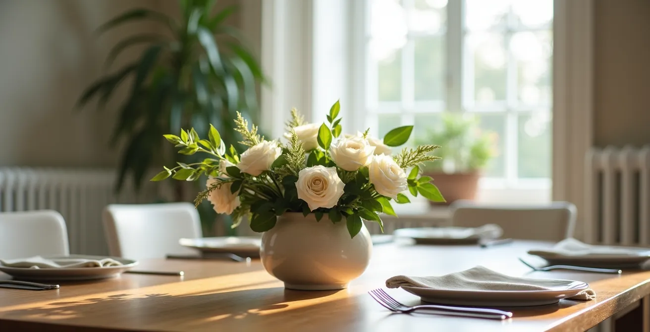 Centro de flores bajo y elegante preparado para mesa de cena formal
