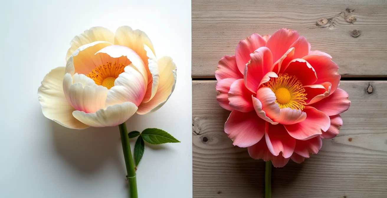 Comparación visual de peonías importadas versus ranúnculos locales españoles