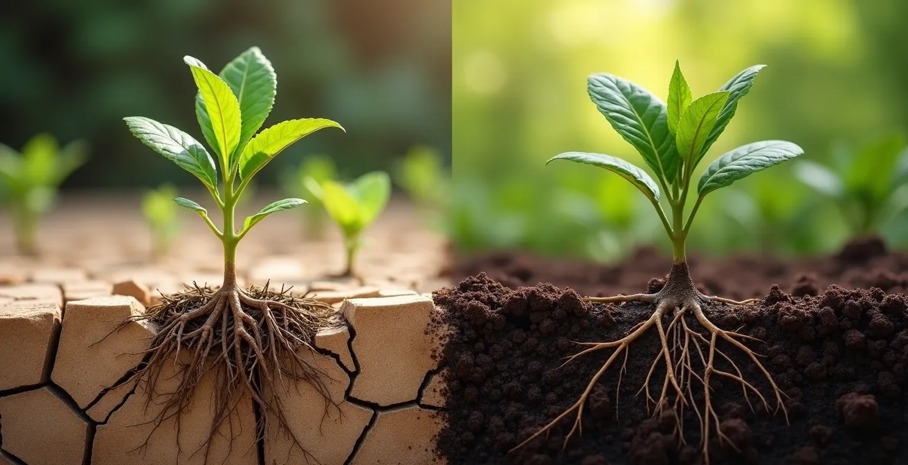 Comparación visual de sistemas radiculares: riego superficial vs. riego profundo