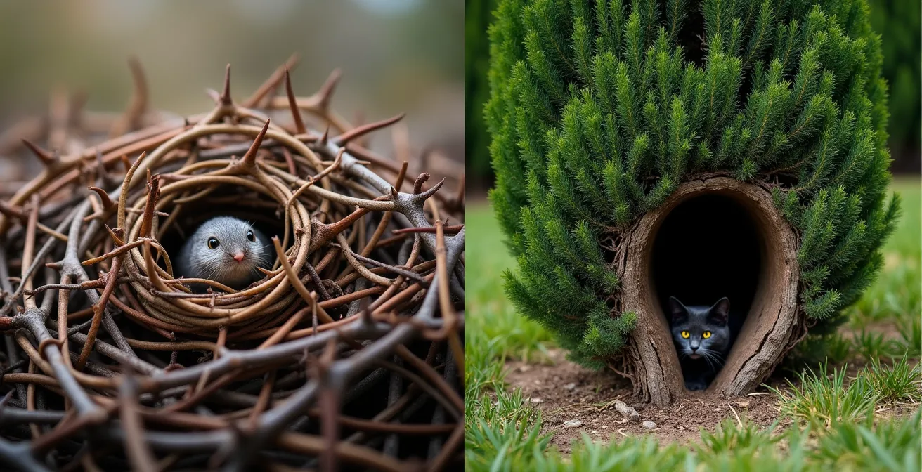 Comparación visual entre seto de majuelo denso y ciprés con base abierta mostrando diferencias de protección