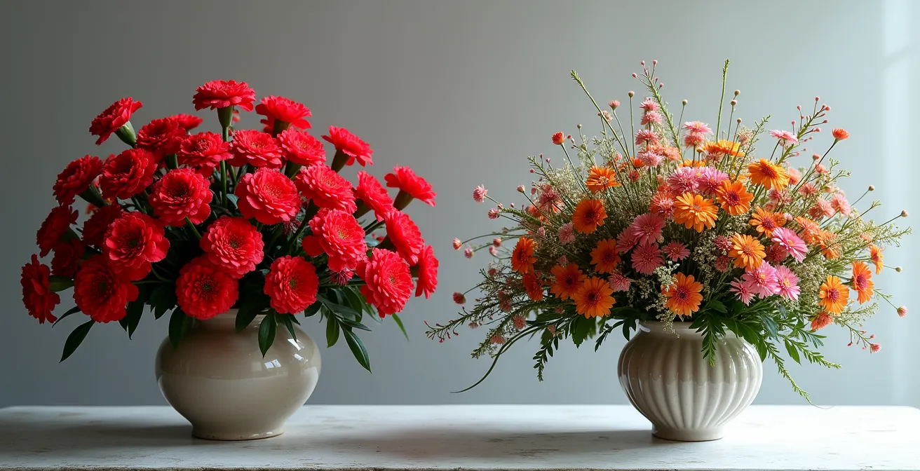 Comparación visual entre un arreglo formal y simétrico de claveles rojos y otro orgánico y asimétrico inspirado en un jardín granadino.