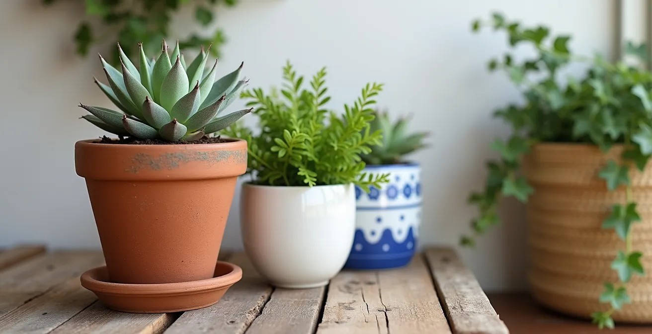 Composición de tres macetas de diferentes materiales siguiendo la regla del tres con plantas variadas