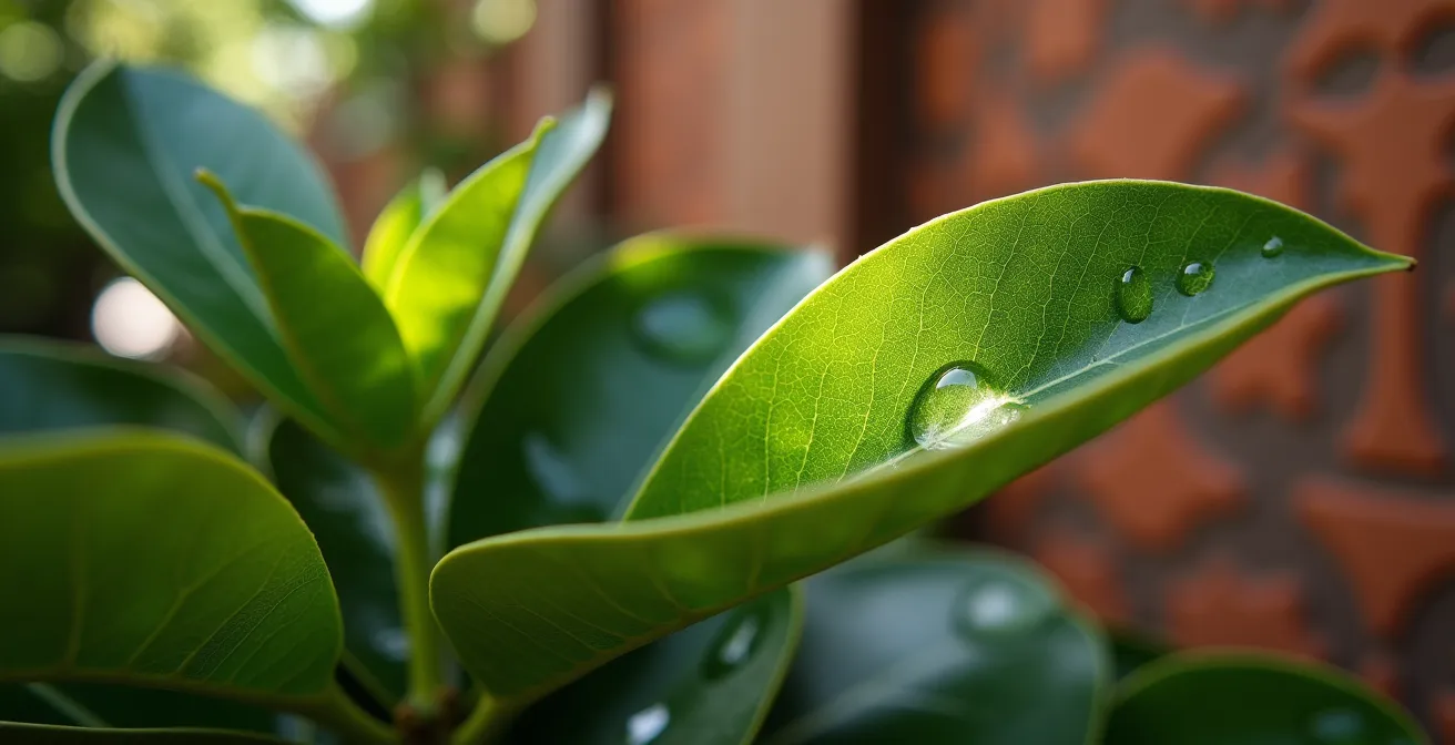 Detalle macro de contraste entre hojas brillantes de cítrico y follaje mate de lavanda bajo luz mediterránea