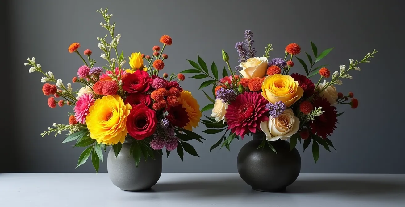 Composición floral mostrando equilibrio de colores primarios modificados