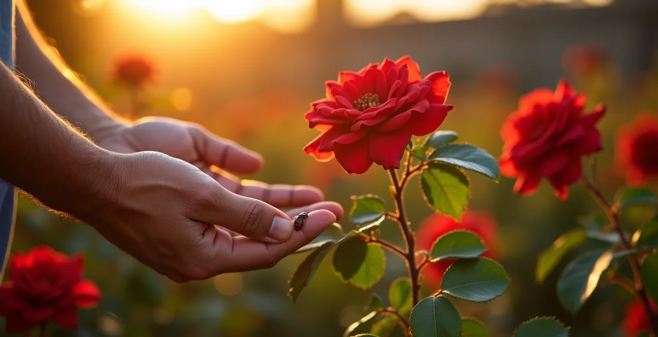 Primer plano de mariquitas sobre las hojas de un rosal, actuando como control biológico natural de pulgones al atardecer.