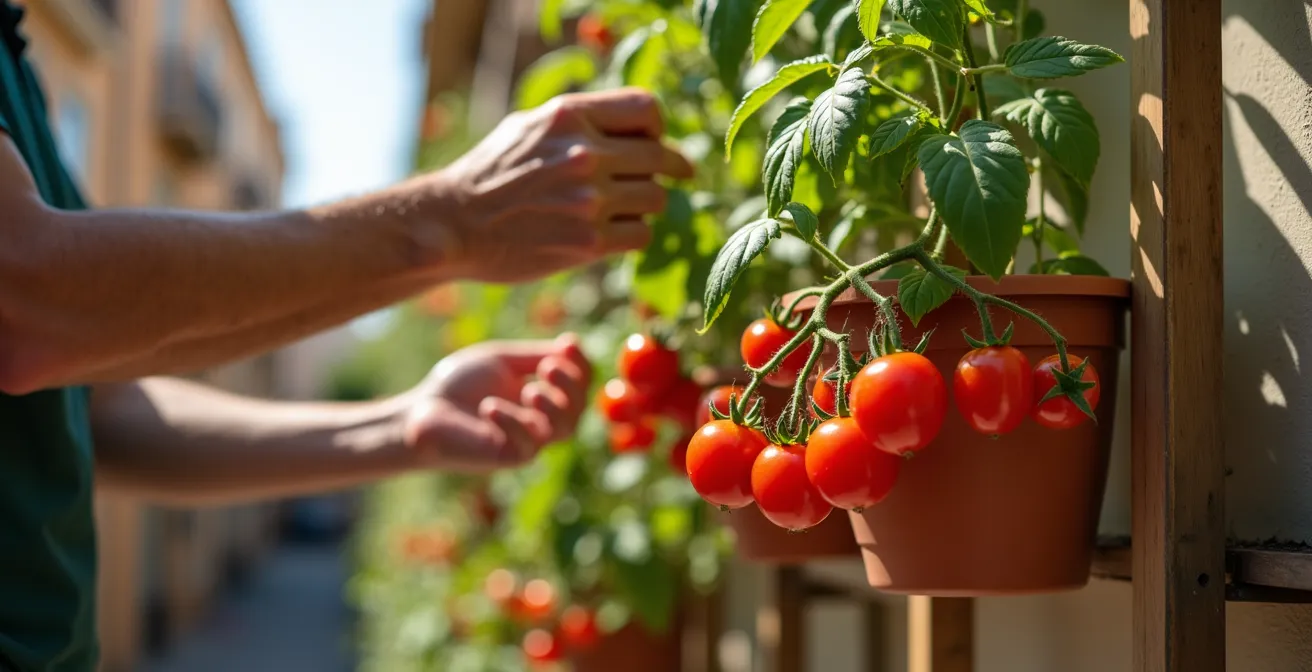 Sistema de cultivo vertical de tomates en balcón mediterráneo con macetas de autorriego