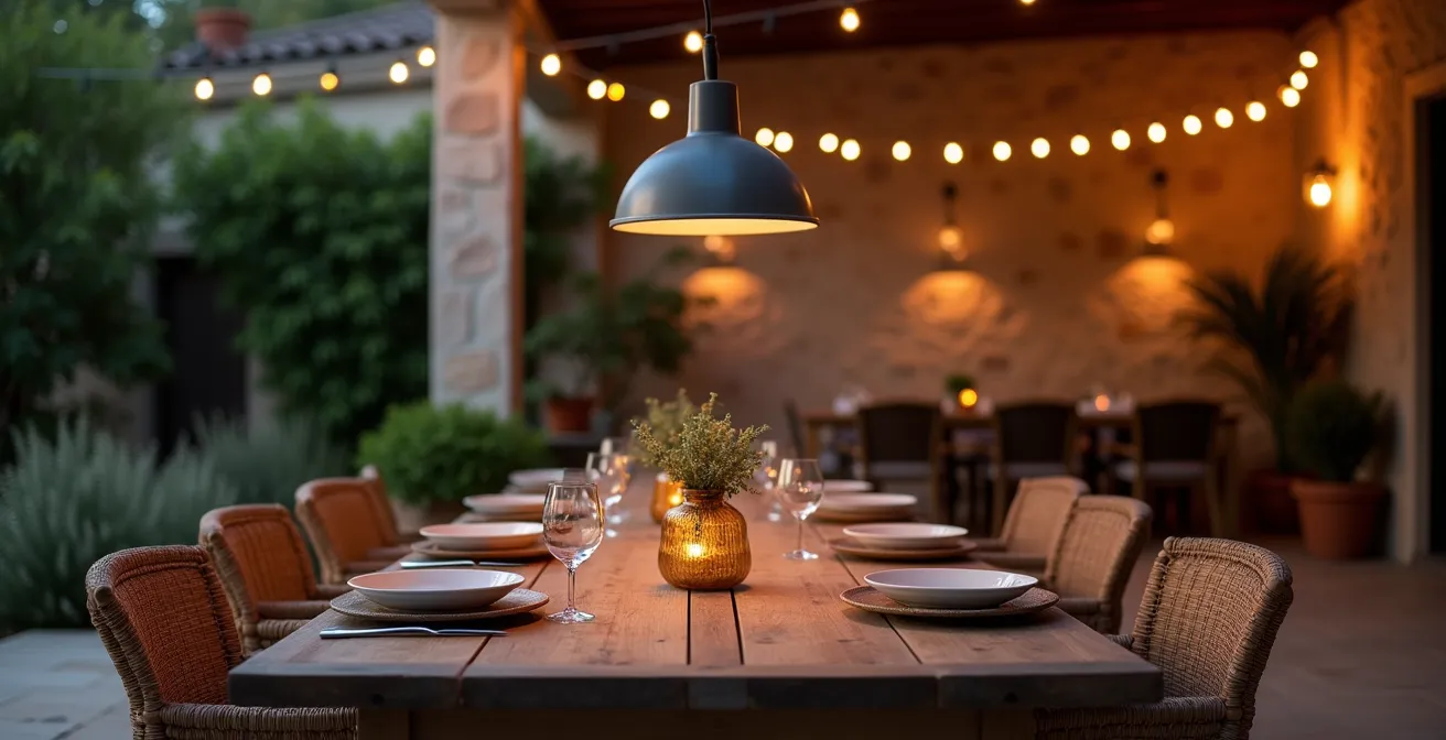 Mesa de comedor exterior iluminada con técnica de capas sin deslumbramiento directo