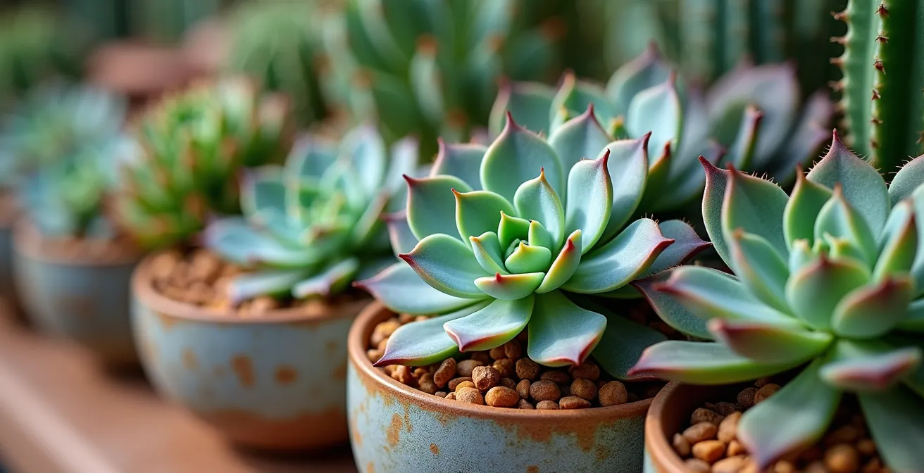 Jardín de suculentas con múltiples texturas y colores en composición mediterránea