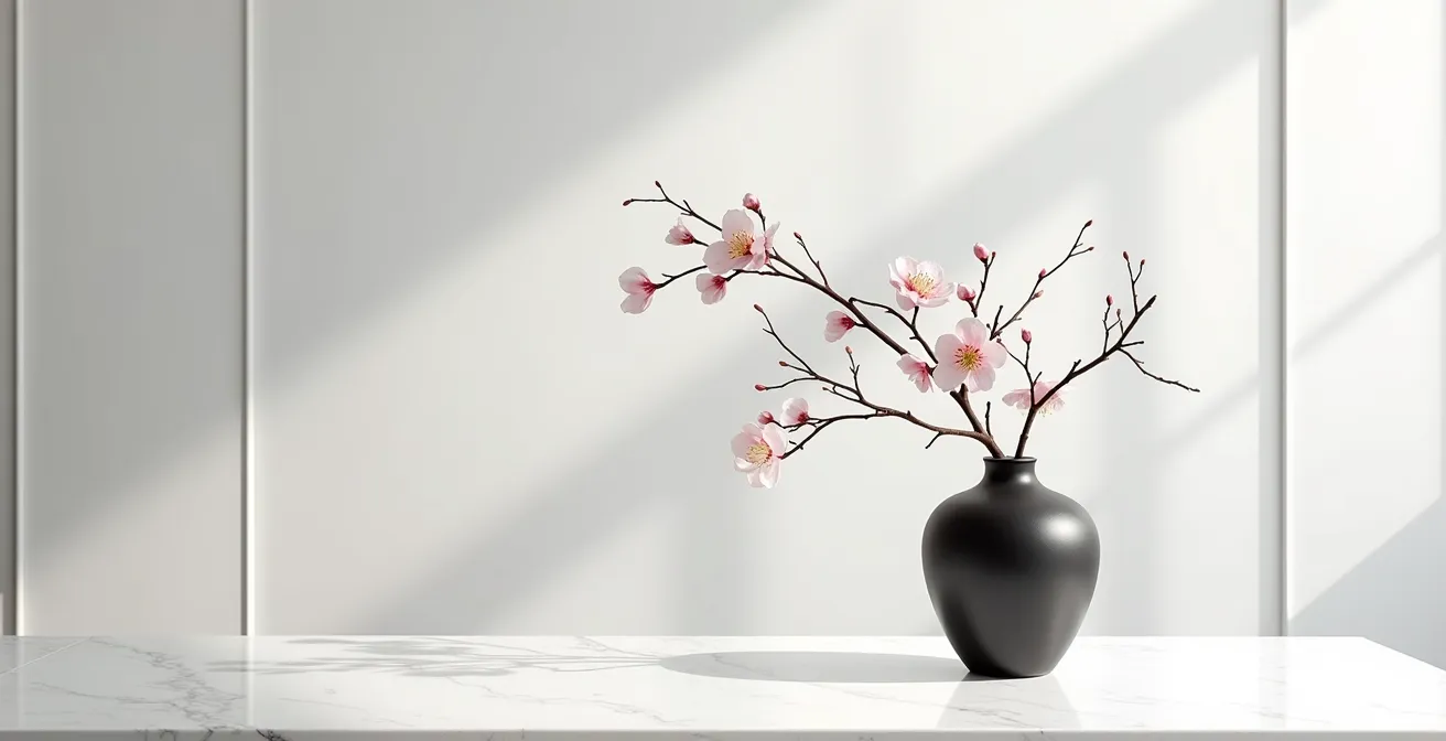 Arreglo floral minimalista con ramas de cerezo y espacio negativo siguiendo el concepto japonés Ma