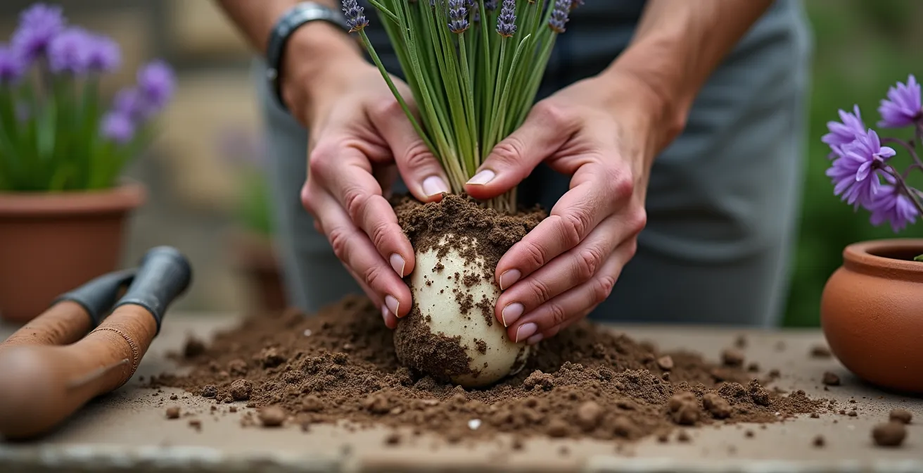 División cuidadosa de plantas perennes mediterráneas mostrando el sistema radicular