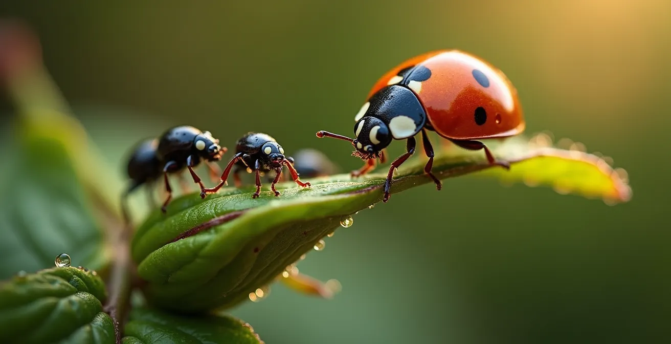 Mariquita cazando pulgones en planta con equilibrio natural del ecosistema