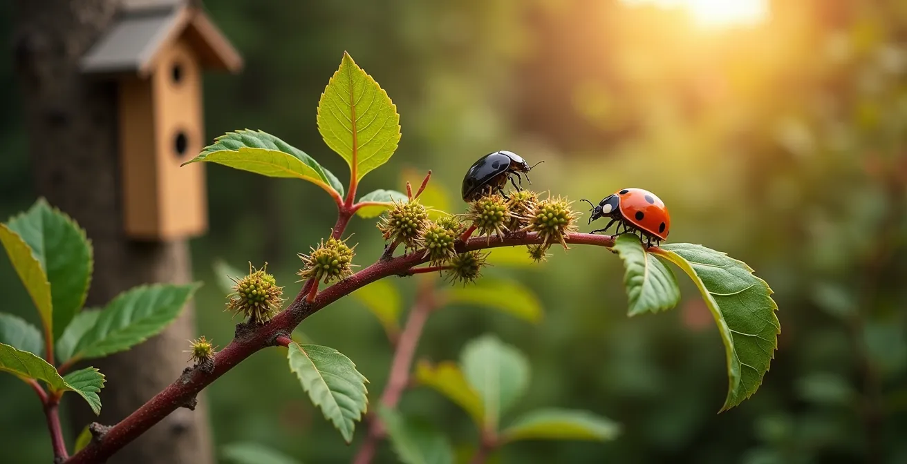 Ecosistema equilibrado del jardín mostrando mariquitas, crisopas y aves controlando plagas naturalmente