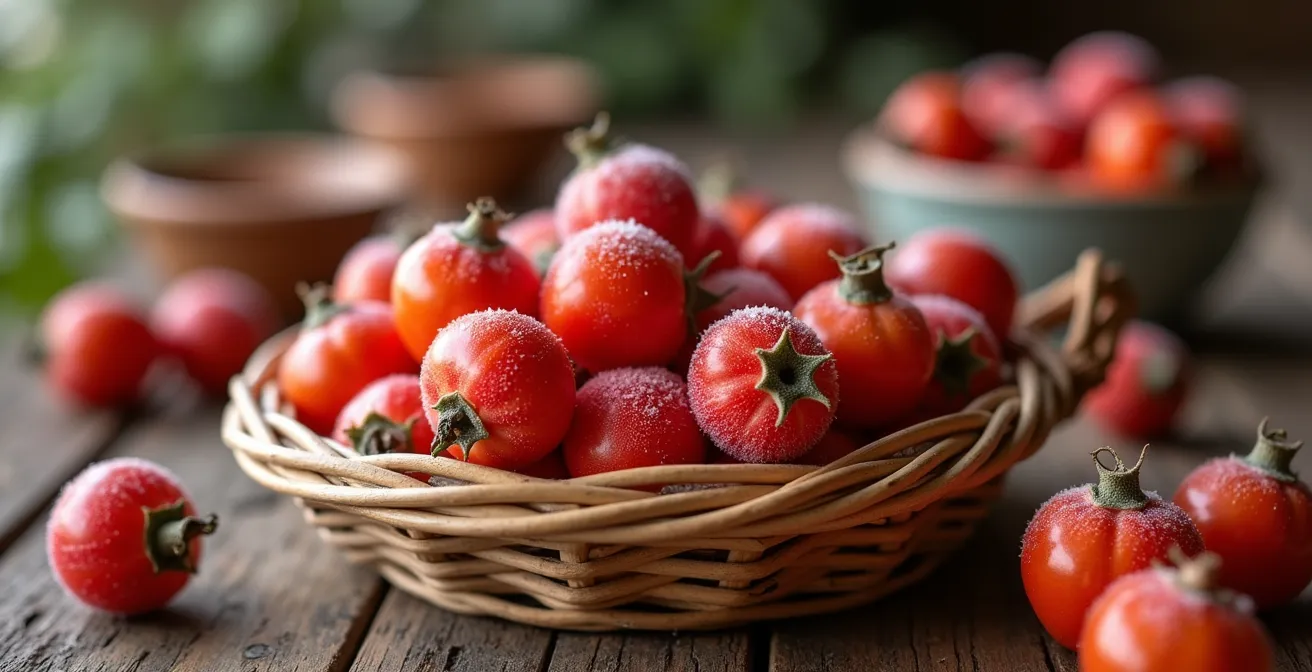 Escaramujos rojos maduros en cesta de mimbre sobre mesa de madera rústica, simbolizando una cosecha natural.