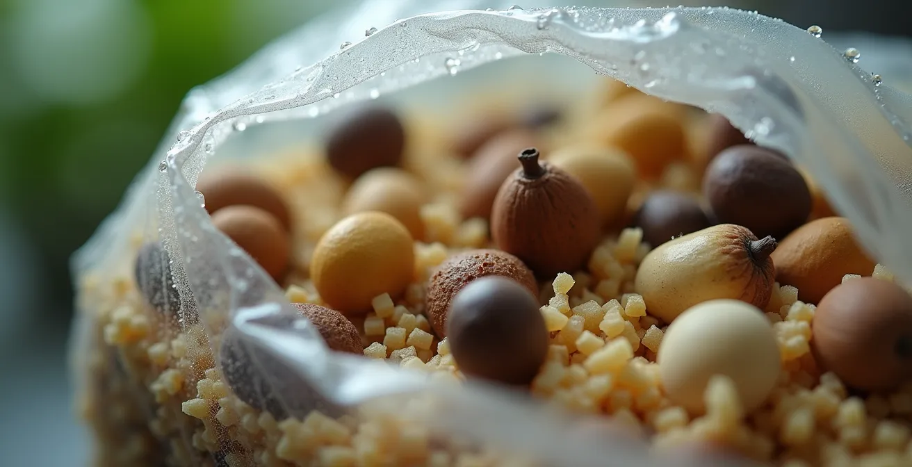 Proceso de estratificación de semillas en nevera con bolsas etiquetadas y sustrato húmedo