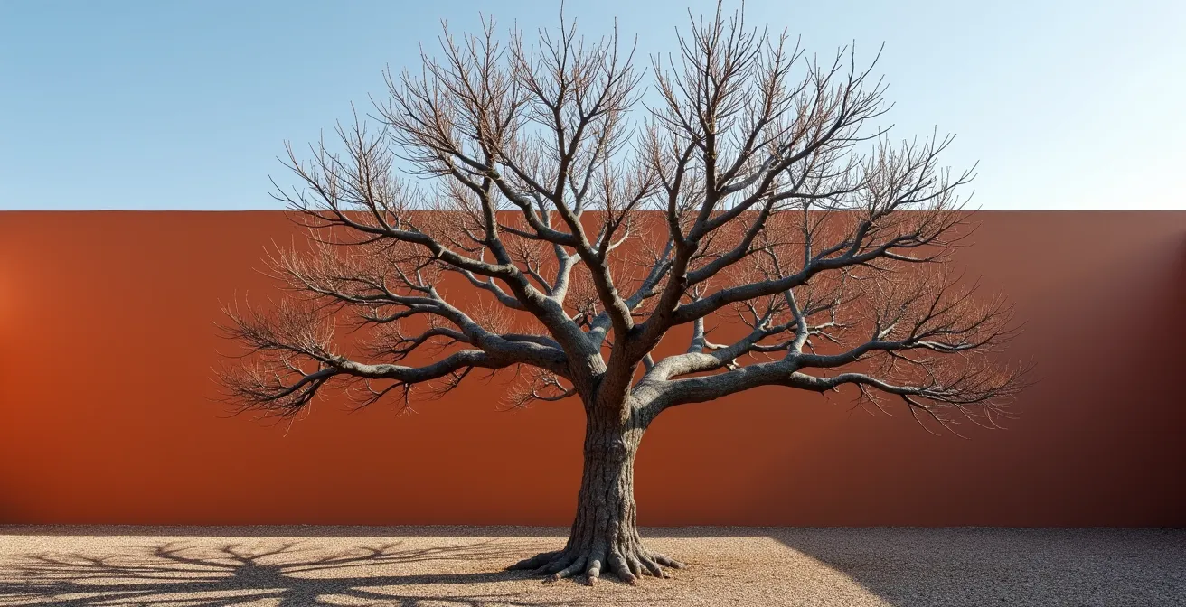 Arbusto mediterráneo podado mostrando estructura escultórica invernal contra cielo azul