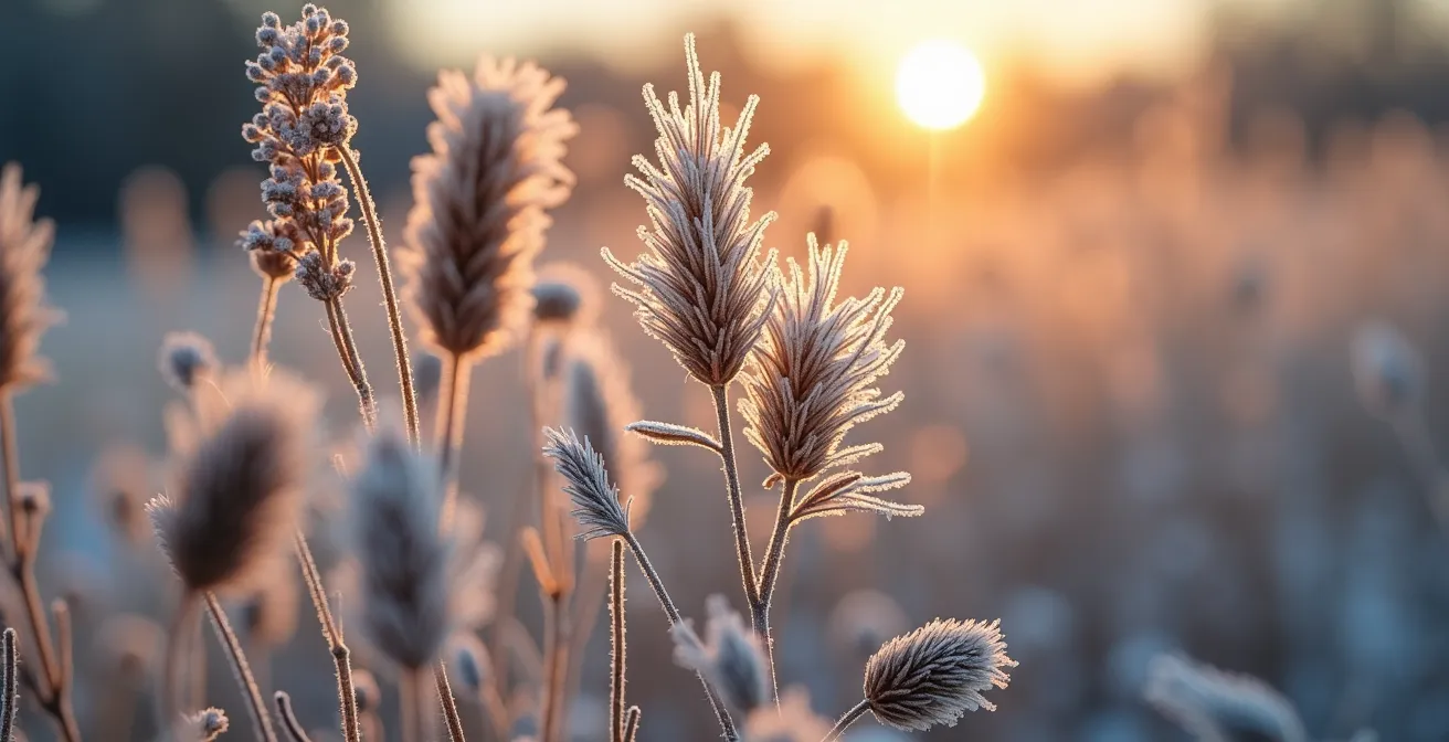 Jardín naturalista en invierno con gramíneas secas y escarcha matinal