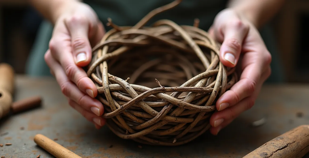 Técnica de entrelazado de ramas flexibles creando una base estructural para un arreglo floral, sin usar plástico.