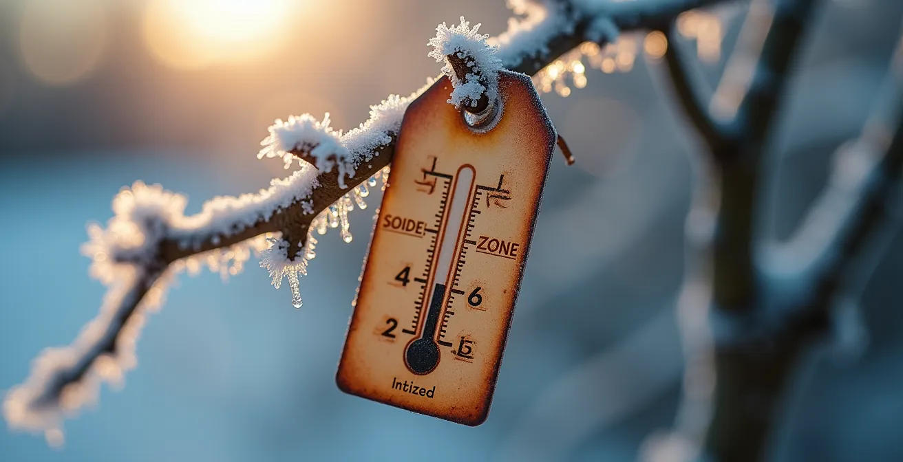 Detalle macro de etiqueta de vivero mostrando símbolos de rusticidad y resistencia al frío