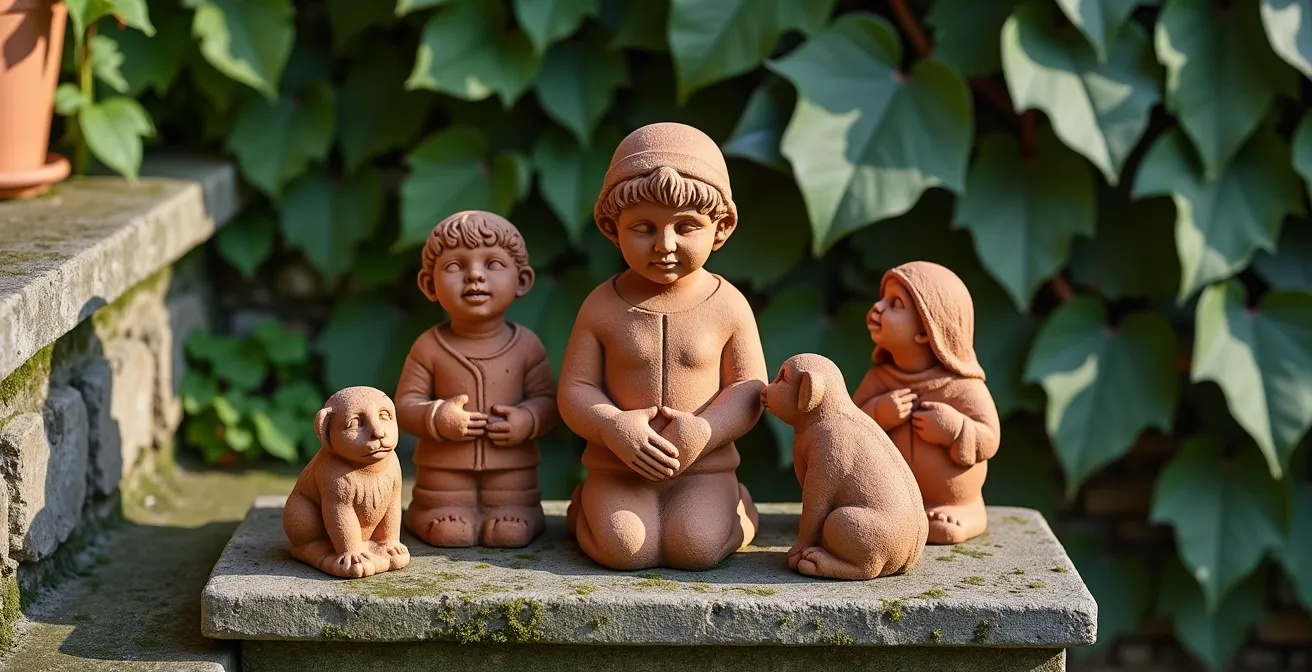 Conjunto de figuras decorativas agrupadas formando una escena temática en rincón del jardín