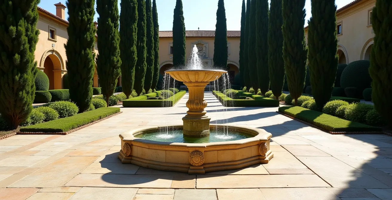 Fuente central en jardín amplio mostrando la proporción perfecta con el espacio circundante