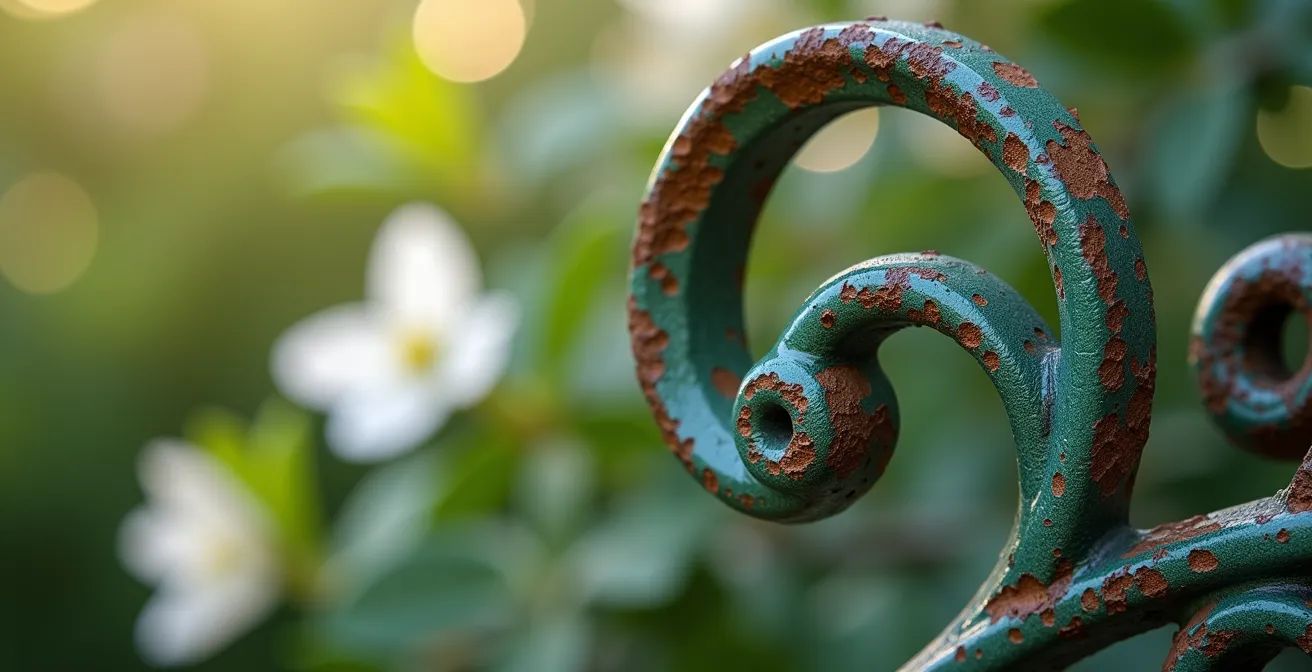 Banco de hierro forjado con motivos de granadas bajo pérgola con jazmín en jardín español