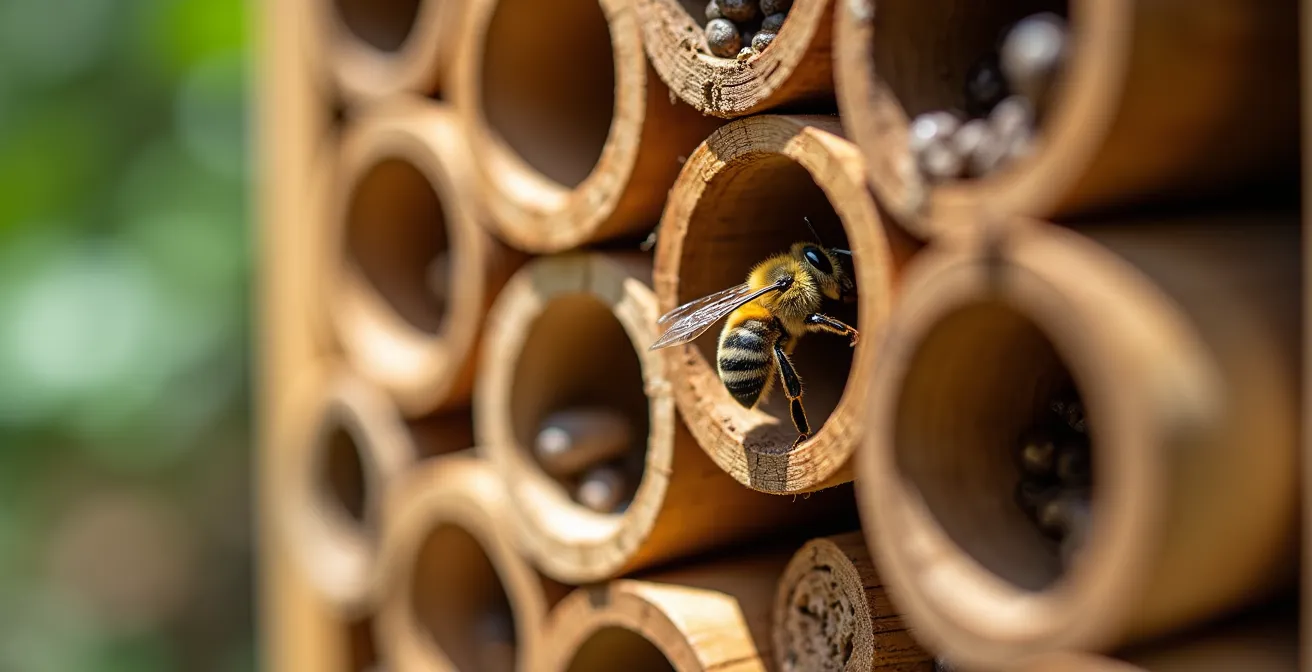 Hotel de insectos técnico con cañas de bambú, madera perforada y compartimentos específicos para abejas solitarias
