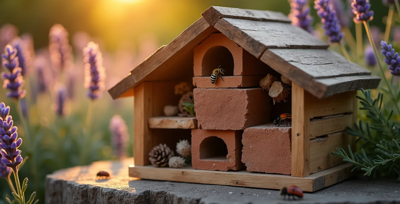 Hotel de insectos con materiales naturales locales integrado en jardín mediterráneo