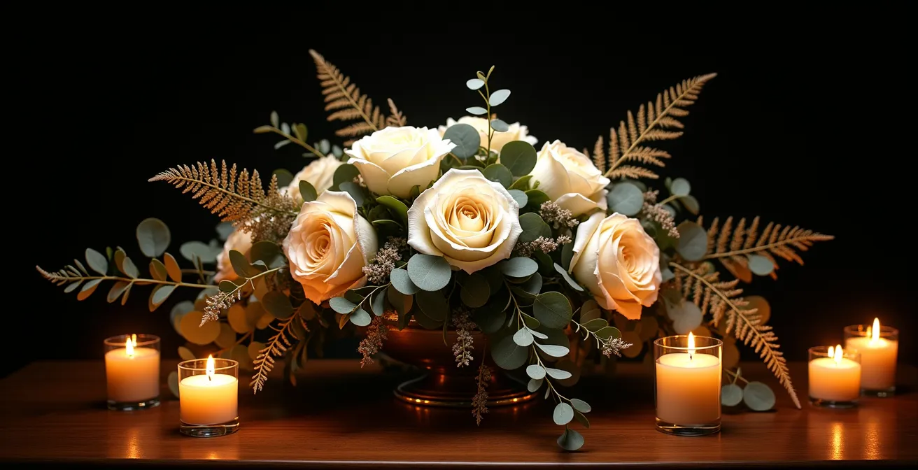 Centro floral iluminado con técnica de claroscuro para fotografía nocturna