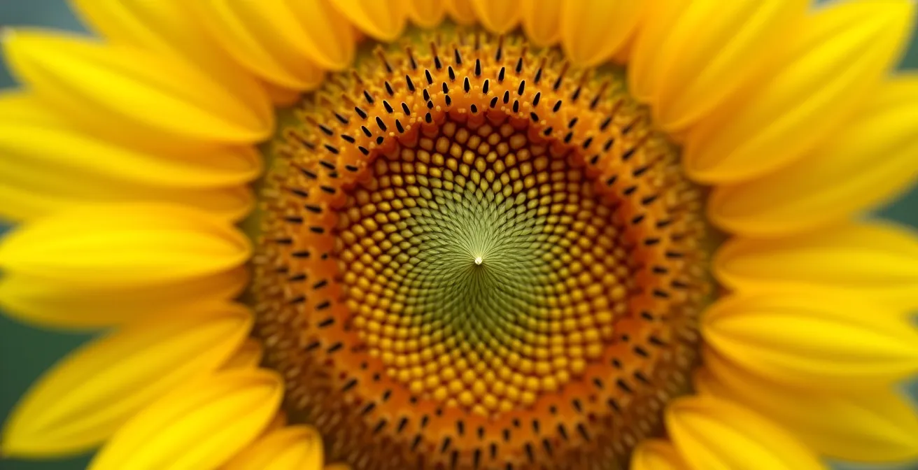 Detalle macro de la inflorescencia de un girasol mostrando la espiral de Fibonacci