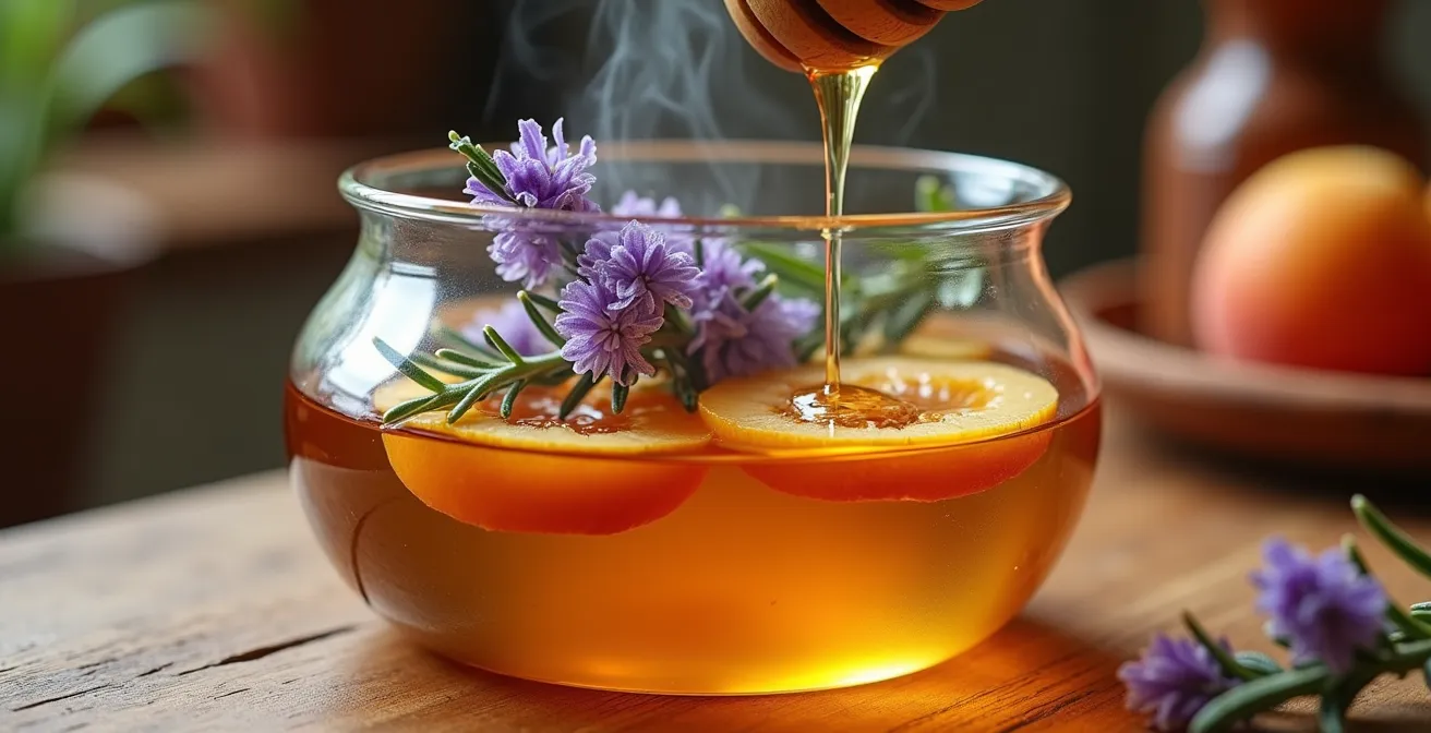 Proceso de infusión de flores de romero con albaricoques de Murcia