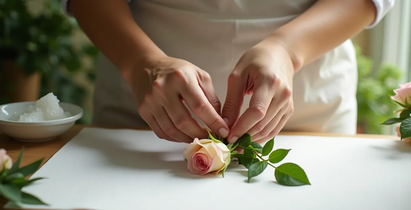 Manos inspeccionando cuidadosamente el envés de hojas de rosas del jardín
