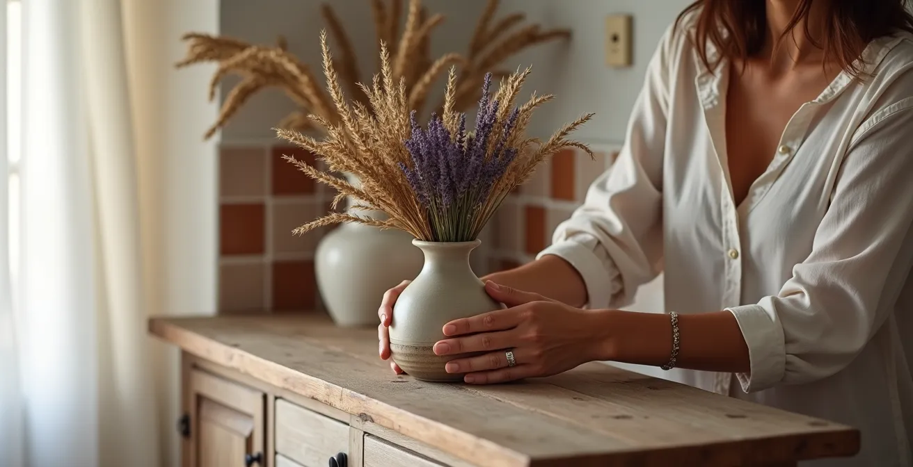 Interior mediterráneo con arreglo de flores secas iluminado por luz natural tamizada
