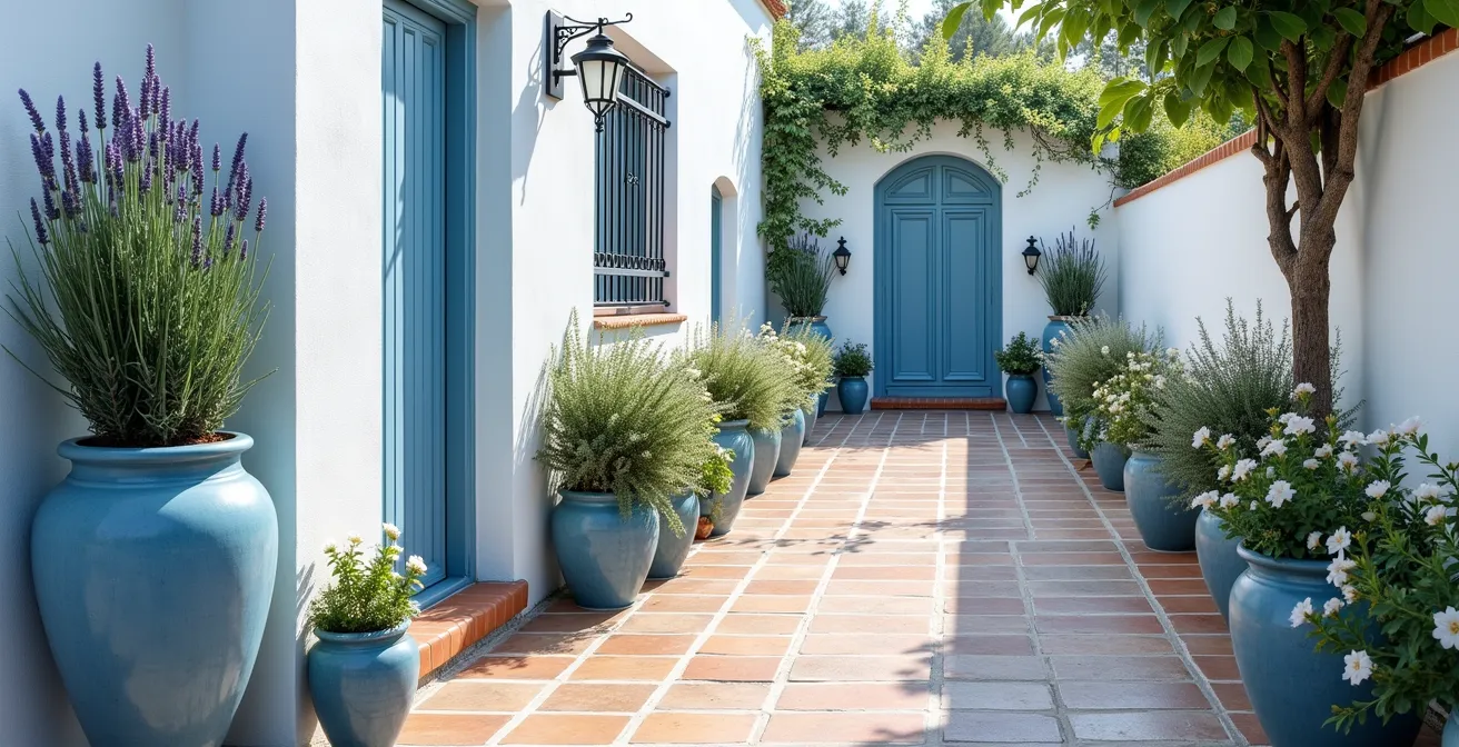 Patio andaluz pequeño con predominio de azules y blancos que crean sensación de amplitud, con lavandas y plantas plateadas