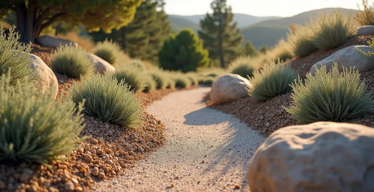 Zona de jardín mediterráneo con plantas autóctonas resistentes a la sequía