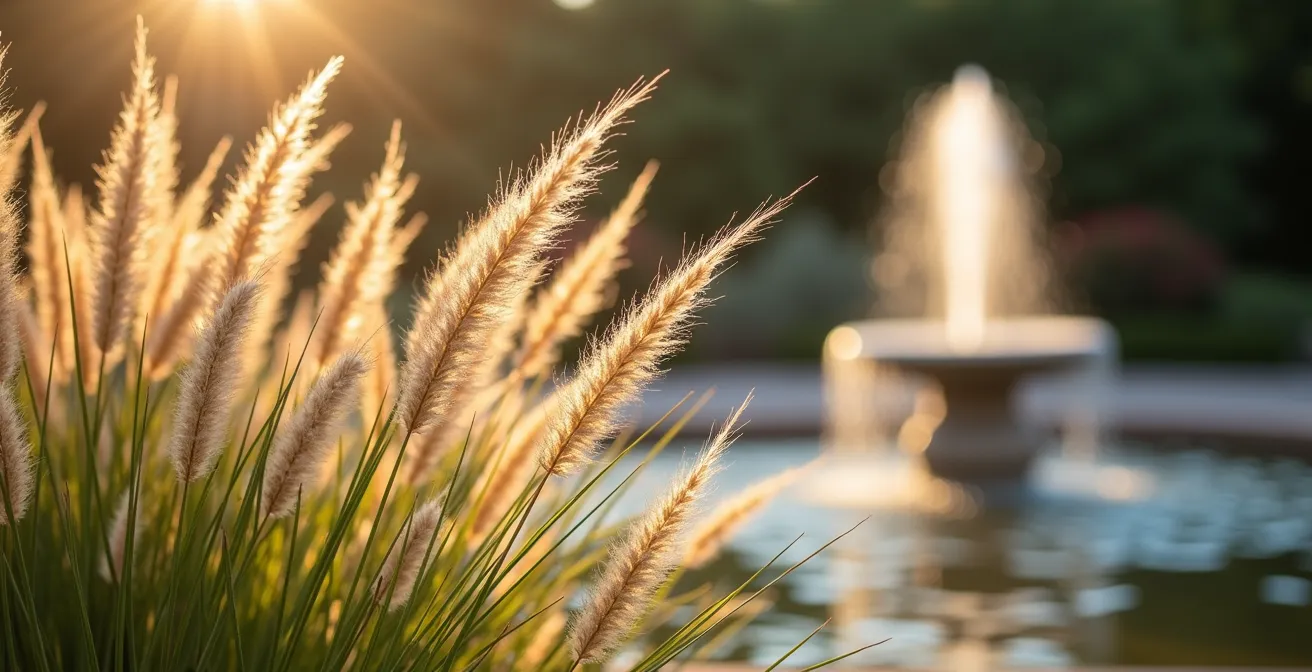 Gramíneas mediterráneas moviéndose con el viento junto a una pequeña fuente de piedra
